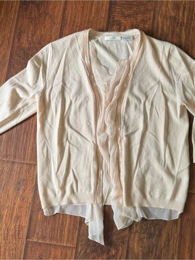 Neiman Marcus Cream Silk and Cashmere Ruffle-Trim Cardigan with Sequins